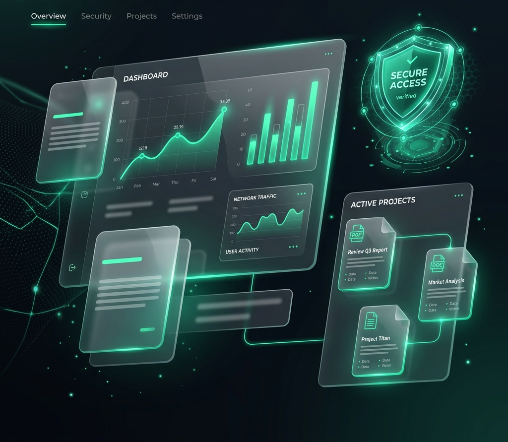 TellPDF 3D Glassmorphic Workspace Dashboard illustration